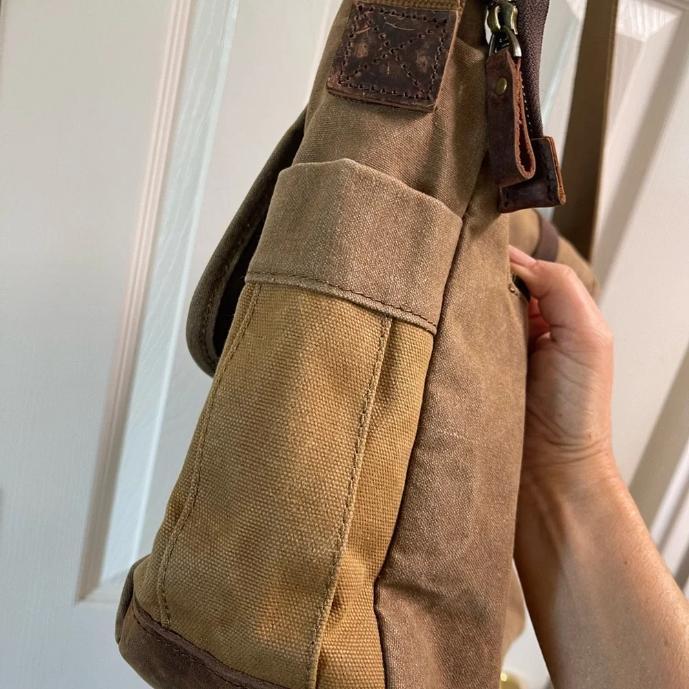 Brown Leather/Canvas Laptop Computer Bag Briefcase Messenger